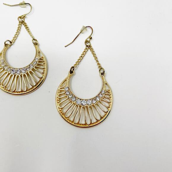 Gold Tone Rhinestone Dangle Drop Earrings Open Work Fashion Costume Statement - Picture 2 of 4